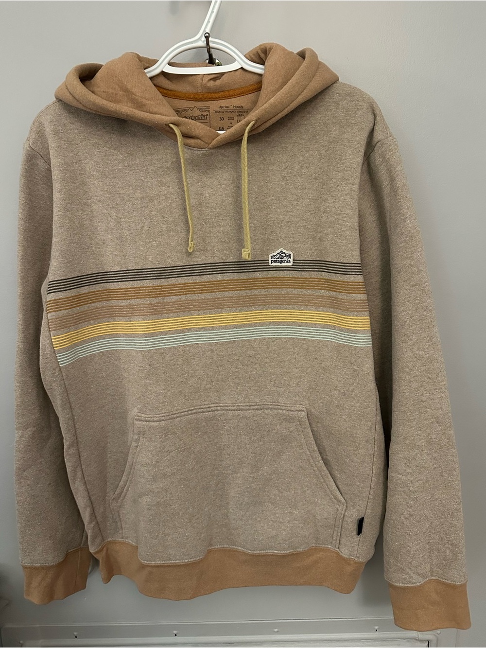 Patagonia Women's Tan Hoodie with Multicolor Stripe Chest